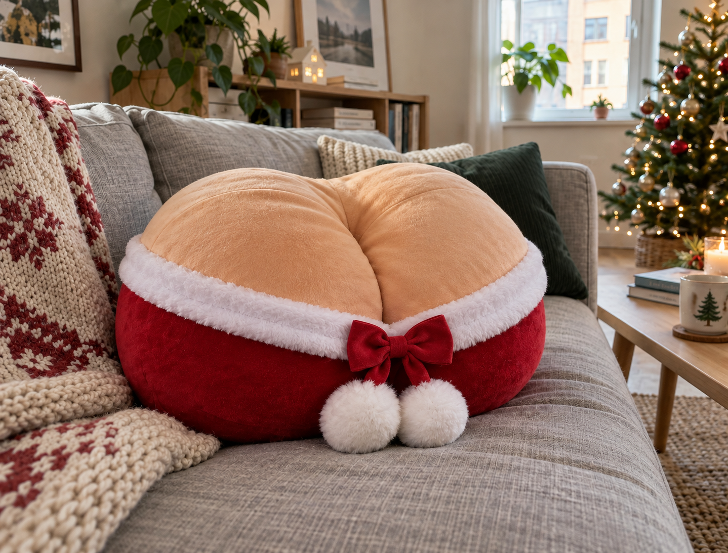 BooBerry pillow on a gray sofa in a bright Christmas living room