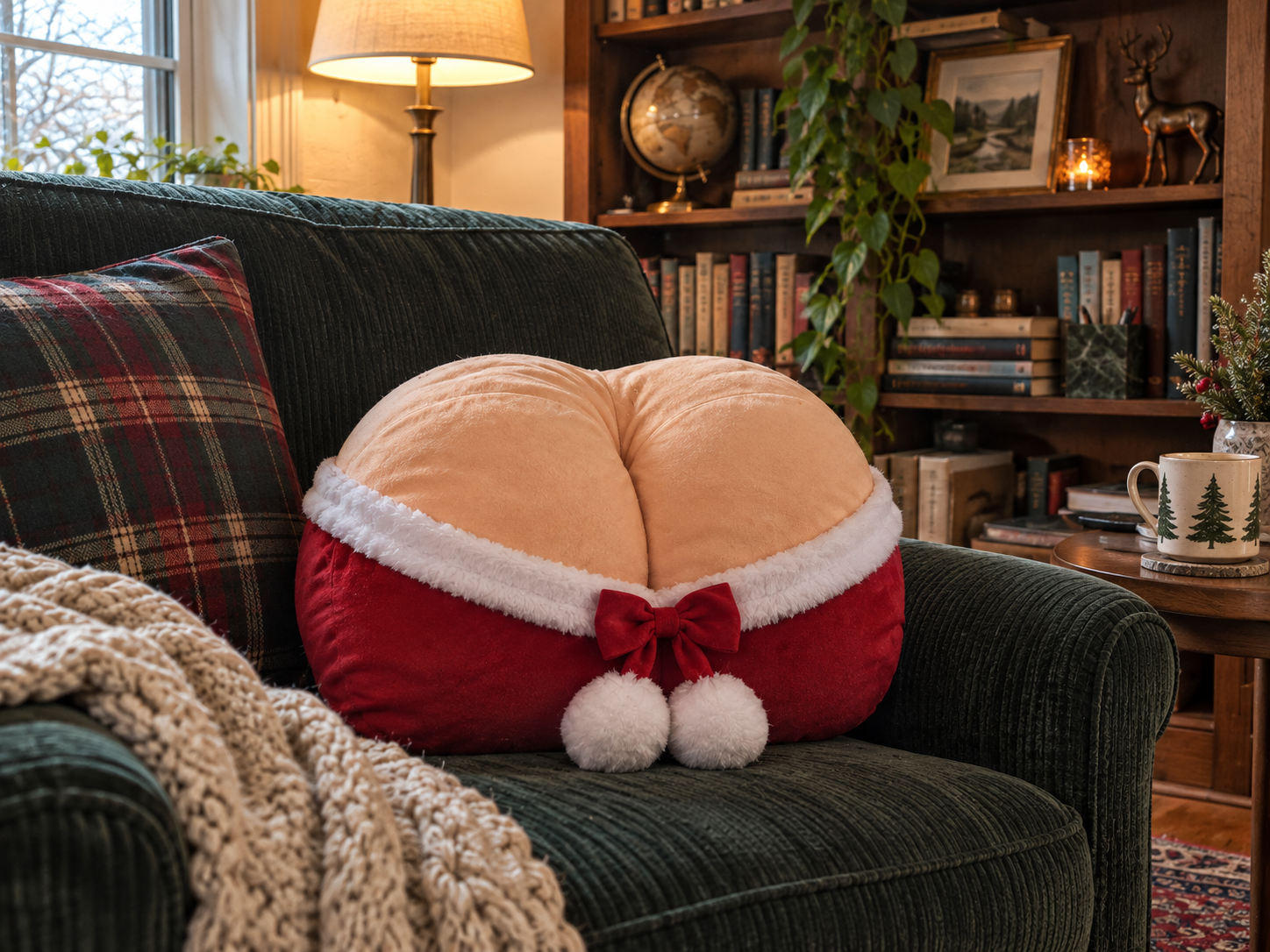 BooBerry pillow viewed at an angle on a green reading chair in a home study