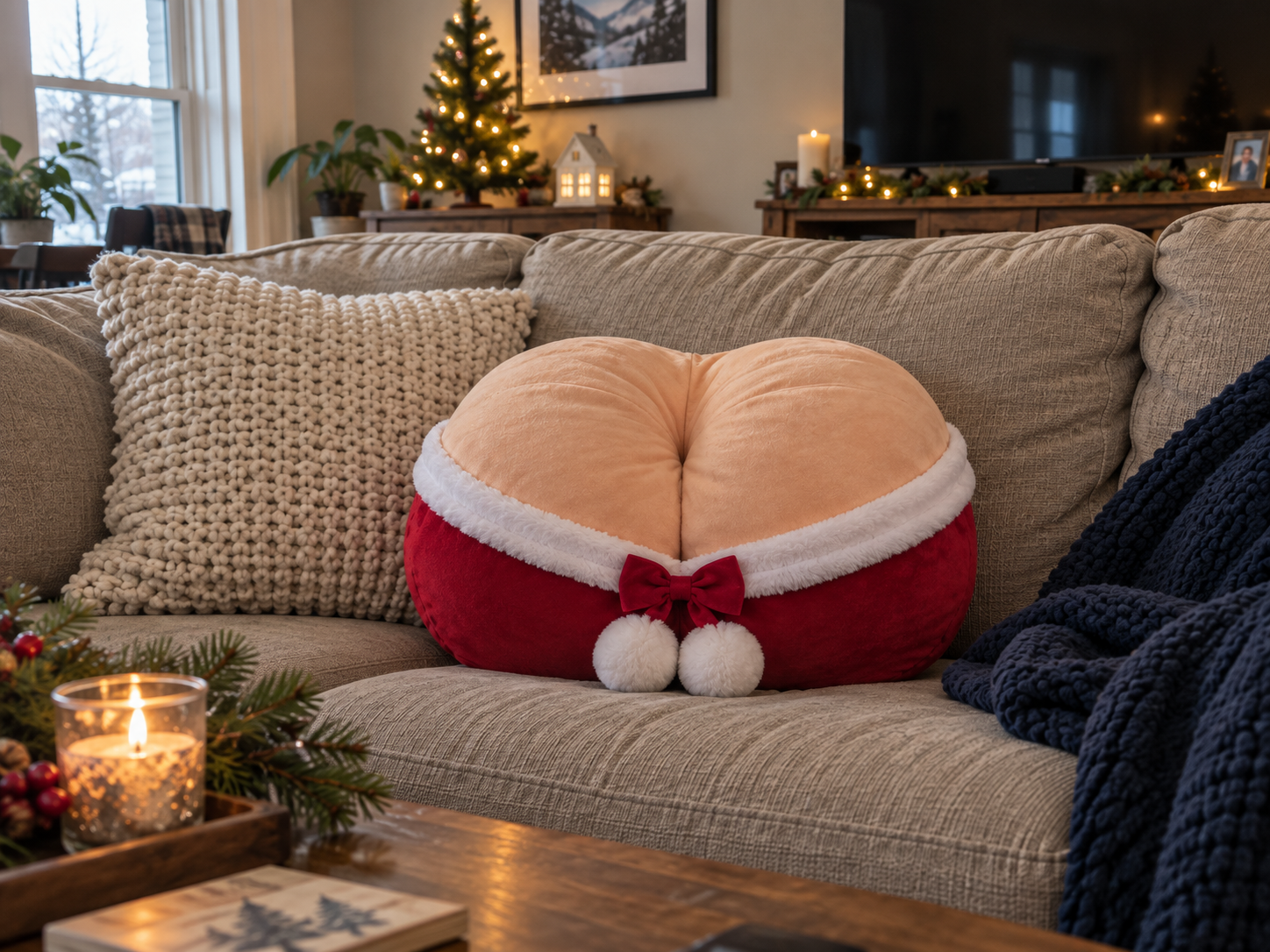 BooBerry pillow seen front-on on a tan sofa in a festive TV lounge